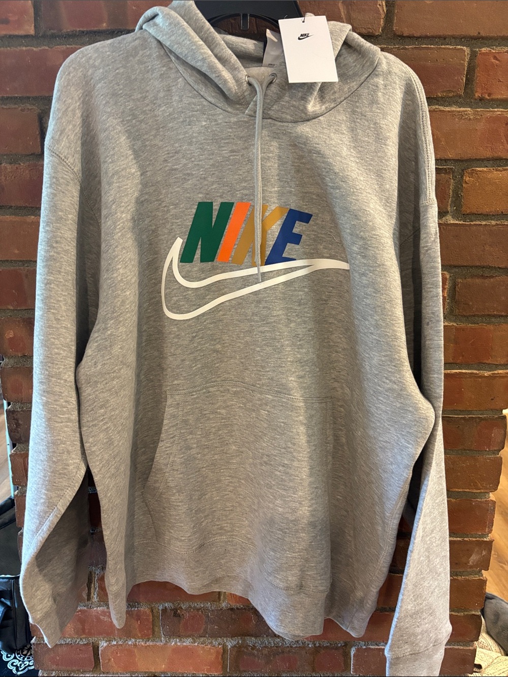Nike Men’s Grey Crewneck Hoodie with Green, Orange, Yellow & Blue Logo